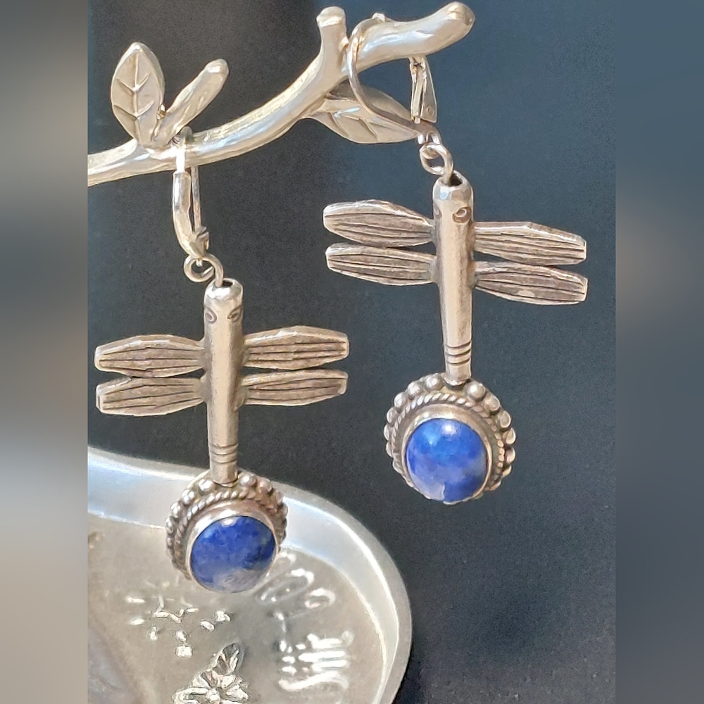 Vintage Sterling Silver Lapis Dragonfly Earrings Double-Sided Rotating Design - Picture 11 of 11